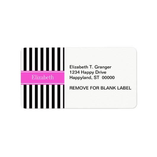 Zwart wit Stripe Hot Pink Ribbon Naam Monogram Etiket (Voorkant)