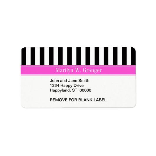 Zwart wit Stripe Hot Pink Ribbon Naam Monogram Etiket (Voorkant)