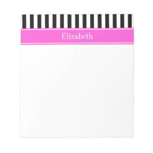 Zwart wit Stripe Hot Pink Ribbon Naam Monogram Notitieblok