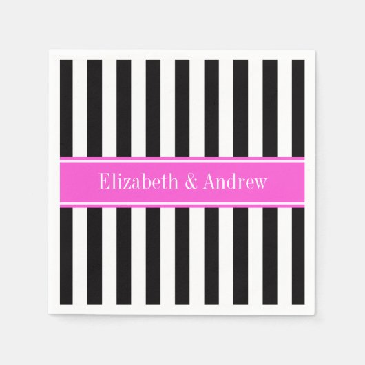 Zwart wit Stripe Hot Pink Ribbon Naam Monogram Servetten (Voorkant)