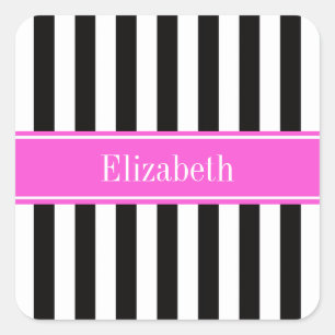 Zwart wit Stripe Hot Pink Ribbon Naam Monogram Vierkante Sticker