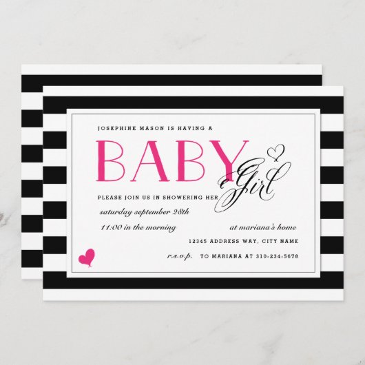Zwart-wit Stripe Hot-roze Baby shower Kaart (Voorkant / Achterkant)