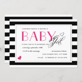 Zwart-wit Stripe Hot-roze Baby shower Kaart