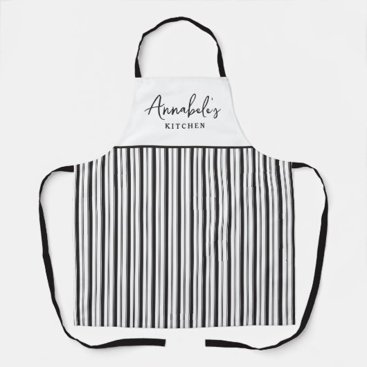 Zwart-wit Stripe Modern Script Gepersonaliseerd Schort (Voorkant)