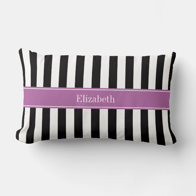 Zwart wit Stripe Orchid Ribbon Naam Monogram Kussen (Voorkant)