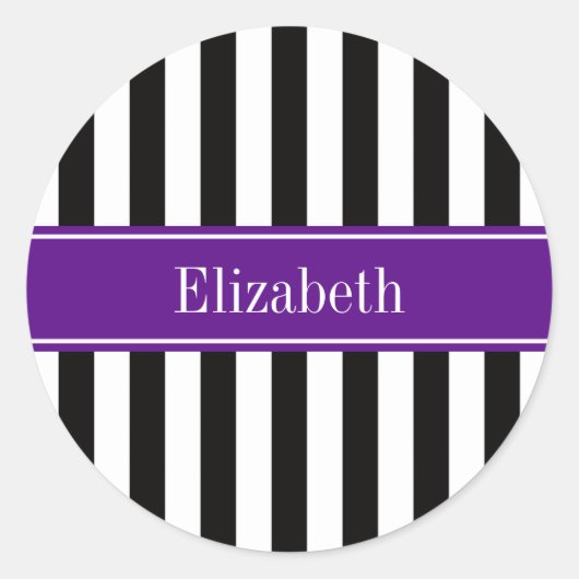 Zwart wit Stripe Paarse Ribbon Naam Monogram Ronde Sticker (Voorkant)