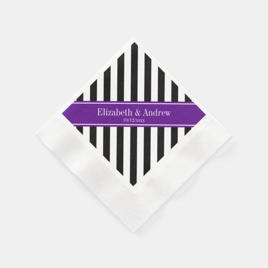 Zwart wit Stripe Paarse Ribbon Naam Monogram Servetten (Hoek)