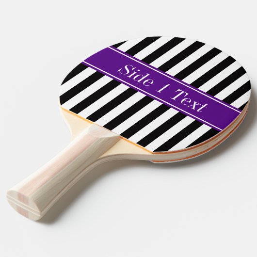 Zwart wit Stripe Paarse Ribbon Naam Monogram Tafeltennisbatje (Voorkant Gekanteld)