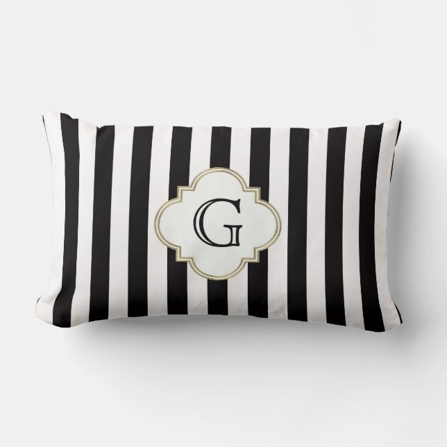 Zwart-wit Stripe Patroon met wit monogram Kussen (Voorkant)