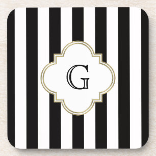 Zwart-wit Stripe Patroon met wit monogram Onderzetter