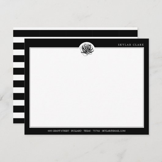 Zwart-wit Stripe Patroon & modern Roos Notitiekaartje (Voorkant / Achterkant)