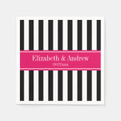 Zwart wit Stripe Raspberry Ribbon Naam Monogram Servet (Voorkant)
