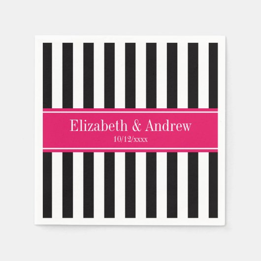 Zwart wit Stripe Raspberry Ribbon Naam Monogram Servet (Voorkant)