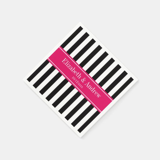 Zwart wit Stripe Raspberry Ribbon Naam Monogram Servet (Hoek)