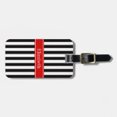 Zwart wit Stripe Red Ribbon Naam Monogram Bagagelabel (Voorkant horizontaal)
