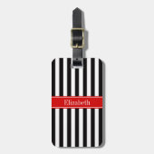 Zwart wit Stripe Red Ribbon Naam Monogram Bagagelabel (Voorkant verticaal)