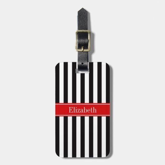 Zwart wit Stripe Red Ribbon Naam Monogram Bagagelabel (Voorkant verticaal)