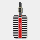 Zwart wit Stripe Red Ribbon Naam Monogram Bagagelabel (Voorkant verticaal)