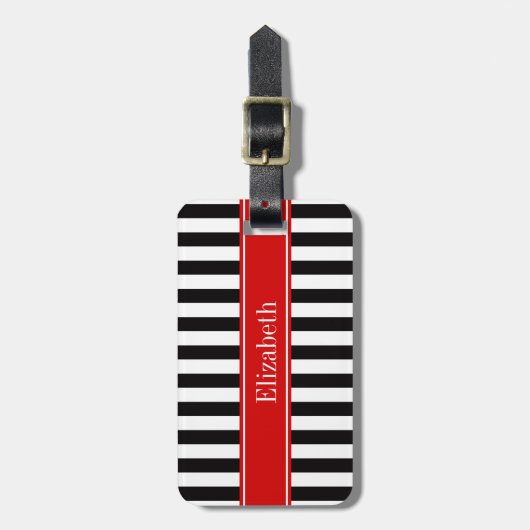 Zwart wit Stripe Red Ribbon Naam Monogram Bagagelabel (Voorkant verticaal)