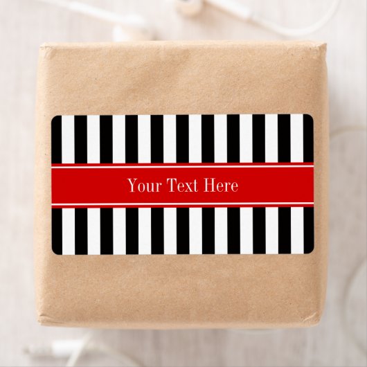 Zwart wit Stripe Red Ribbon Naam Monogram Etiket (Insitu)