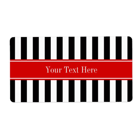 Zwart wit Stripe Red Ribbon Naam Monogram Etiket (Voorkant)