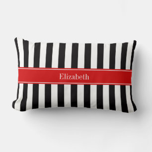 Zwart wit Stripe Red Ribbon Naam Monogram Kussen