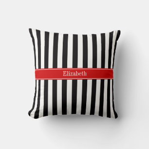 Zwart wit Stripe Red Ribbon Naam Monogram Kussen