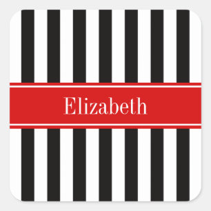 Zwart wit Stripe Red Ribbon Naam Monogram Vierkante Sticker