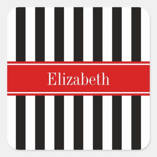 Zwart wit Stripe Red Ribbon Naam Monogram Vierkante Sticker (Voorkant)