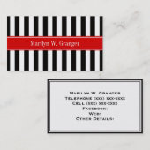 Zwart wit Stripe Red Ribbon Naam Monogram Visitekaartje (Voorkant / Achterkant)
