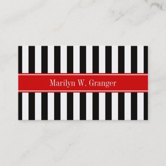 Zwart wit Stripe Red Ribbon Naam Monogram Visitekaartje (Voorkant)