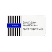 Zwart wit Stripe Royal Blue Ribbon Name Monogram Etiket (Voorkant)