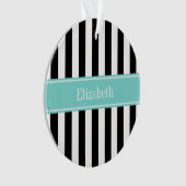 Zwart wit Stripe Turquoise Ribbon Naam Monogram Ornament (voorkant)