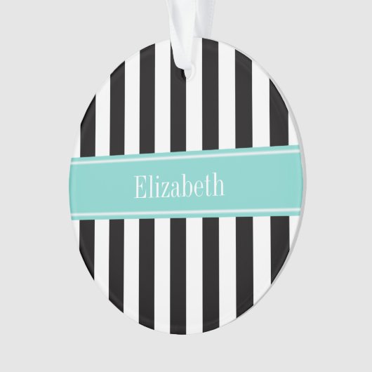 Zwart wit Stripe Turquoise Ribbon Naam Monogram Ornament (voorkant)