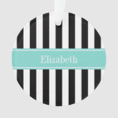 Zwart wit Stripe Turquoise Ribbon Naam Monogram Ornament (voorkant)