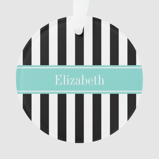 Zwart wit Stripe Turquoise Ribbon Naam Monogram Ornament (voorkant)
