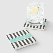 Zwart wit Stripe Turquoise Ribbon Naam Monogram Stenen Onderzetter (Zijkant)