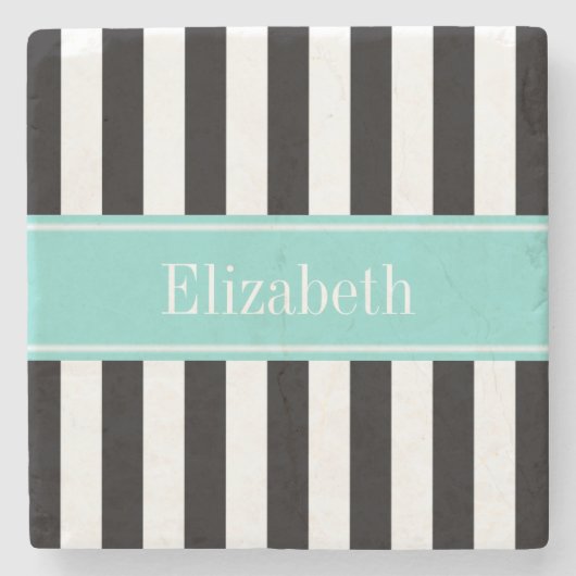 Zwart wit Stripe Turquoise Ribbon Naam Monogram Stenen Onderzetter (Voorkant)