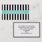 Zwart wit Stripe Turquoise Ribbon Naam Monogram Visitekaartje (Voorkant / Achterkant)