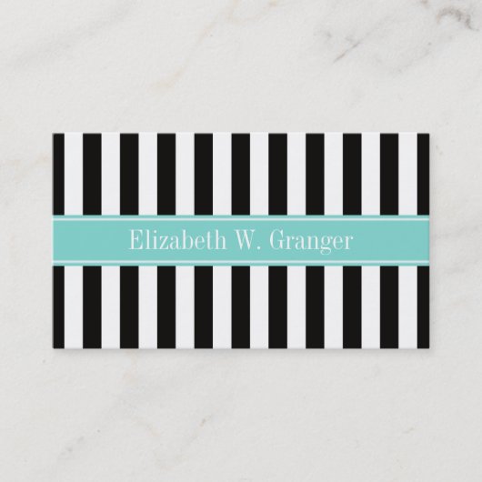 Zwart wit Stripe Turquoise Ribbon Naam Monogram Visitekaartje (Voorkant)