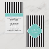 Zwart wit Stripe Turquoise Ribbon Naam Monogram Visitekaartje (Voorkant / Achterkant)