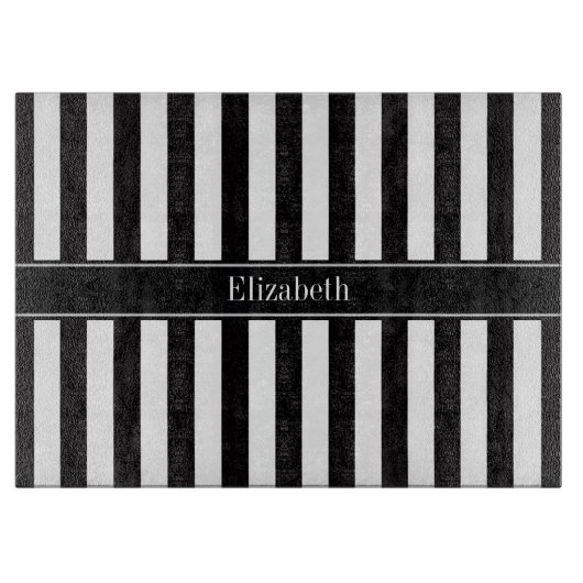 Zwart wit Stripe Zwarte Naam Monogram Snijplank (Voorkant)