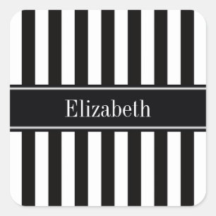 Zwart wit Stripe Zwarte Naam Monogram Vierkante Sticker