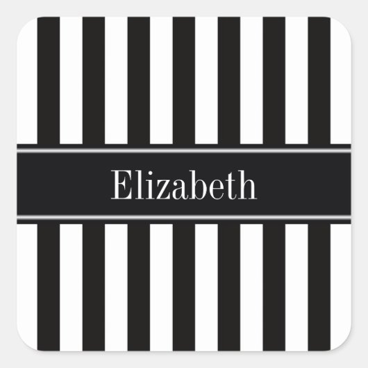 Zwart wit Stripe Zwarte Naam Monogram Vierkante Sticker (Voorkant)