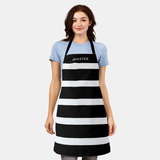 Zwart-wit Striped Patroon Aangepaste naam Apron Schort (Gedragen)