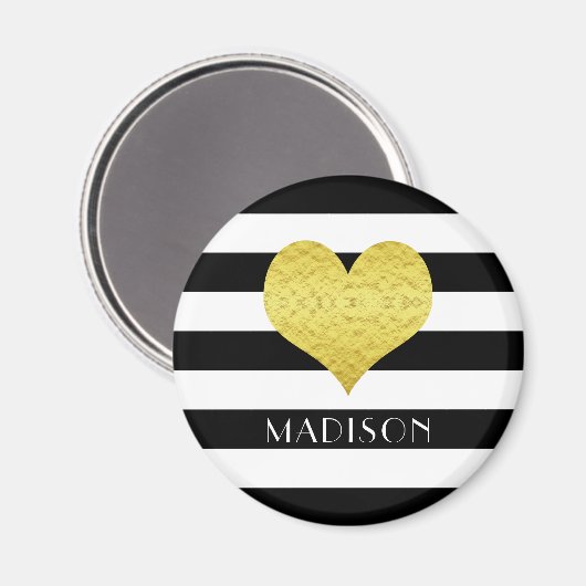 Zwart wit Striped Pattern Gold Heart Name Print Magneet (Voorkant / Achterkant)