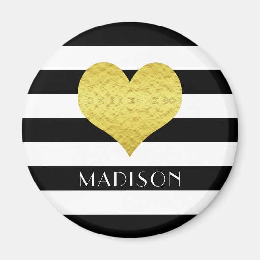 Zwart wit Striped Pattern Gold Heart Name Print Magneet (Voorkant)