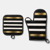 Zwart-wit Stripes Gold Accident Ovenwant & Pannenlap Set (Voorkant)