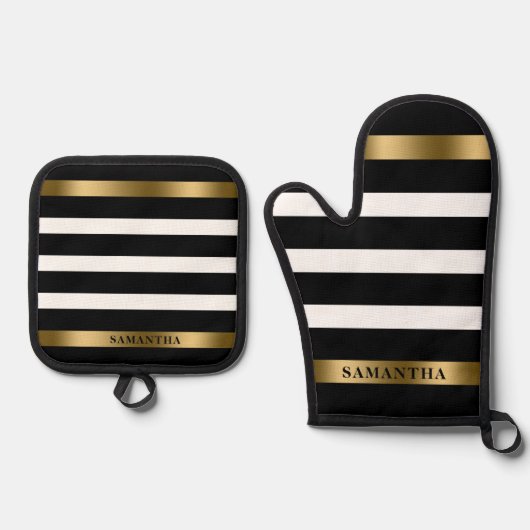 Zwart-wit Stripes Gold Accident Ovenwant & Pannenlap Set (Voorkant)