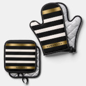 Zwart-wit Stripes Gold Accident Ovenwant & Pannenlap Set (Voorkant / Achterkant)